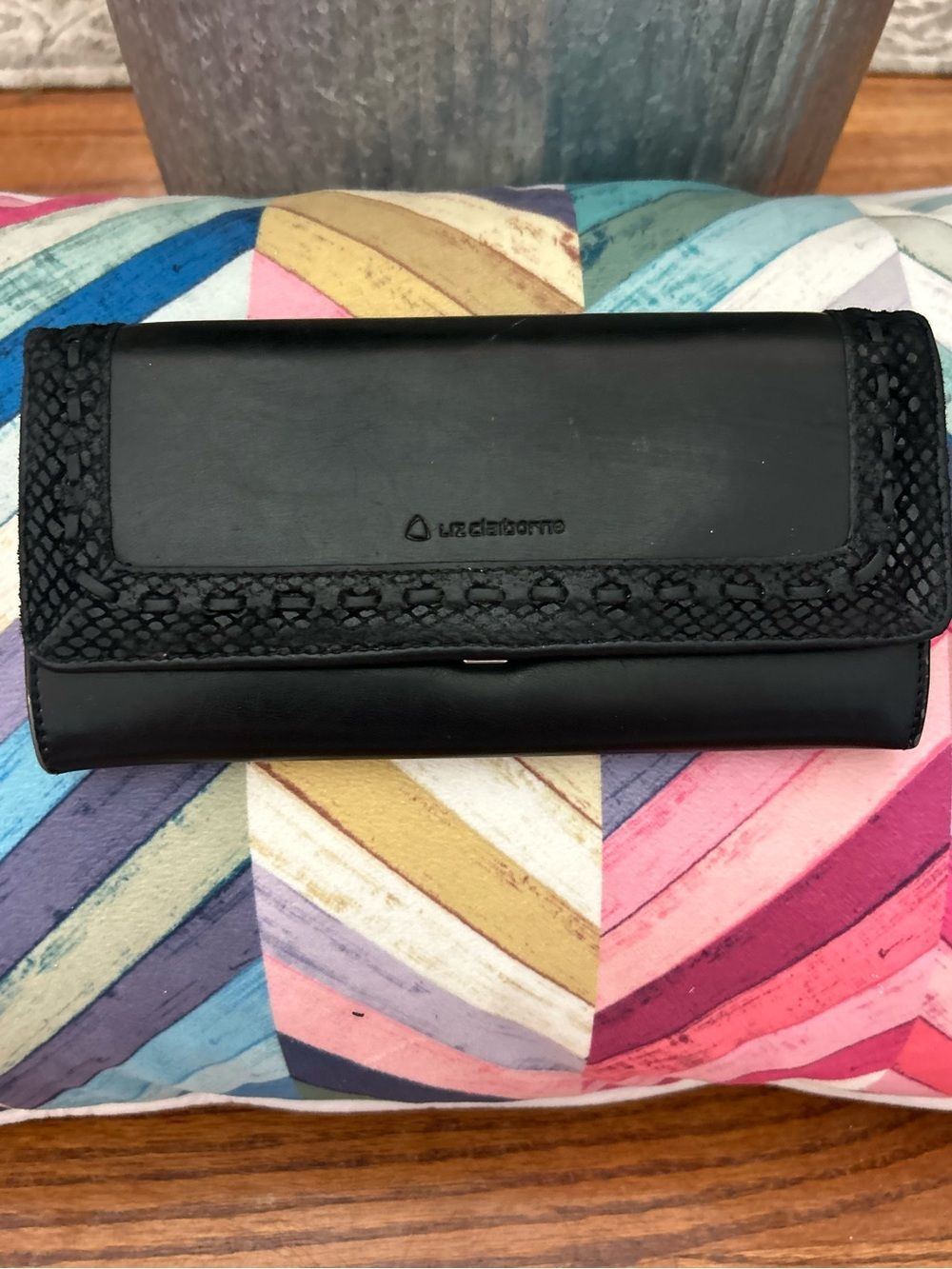Liz Claiborne Black Checkbook Wallet with Embossed Trim